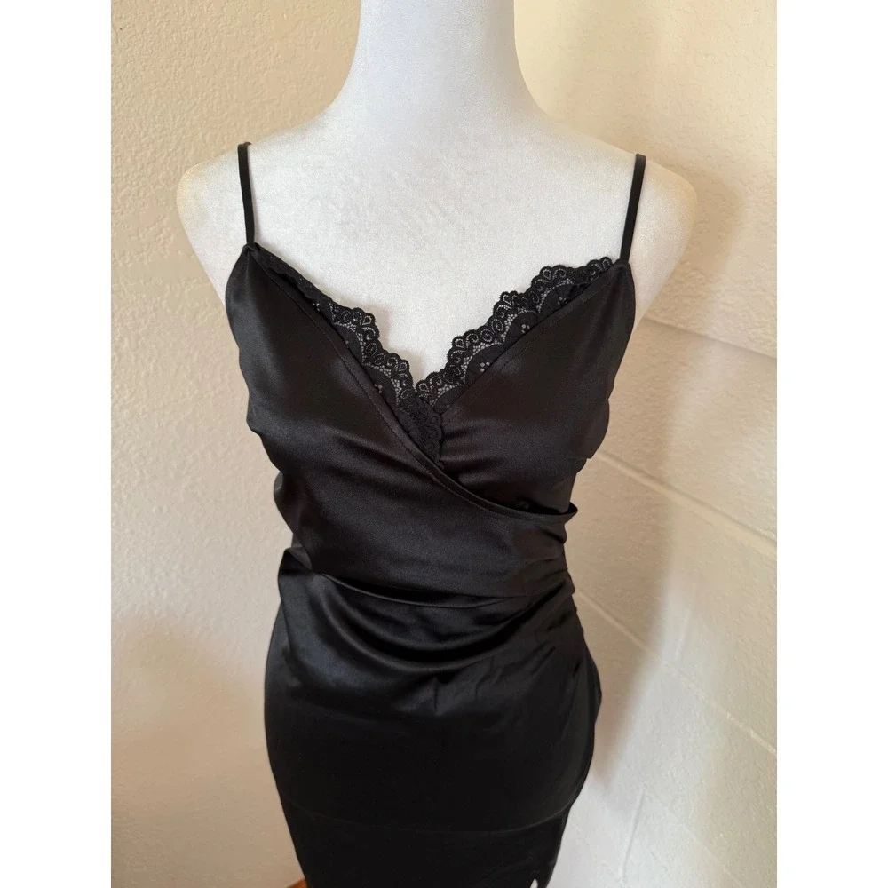 4 Hearts Slip Dress Womens M Black Lace Trim Mini Ruched Satin Cocktail Glam - Picture 2 of 11